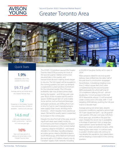 Avison Young GTA Industrial Market Report Second Quarter 2020