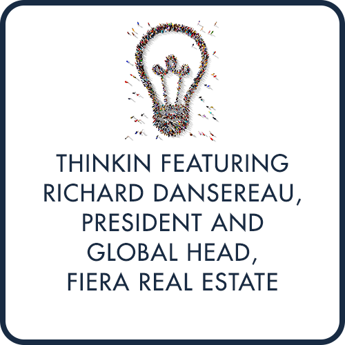 People standing in the shape of a speech bubble from a bird's eye view, above navy blue text that says Innovation in Real Estate with Yardi Featuring Courtney Renaldo